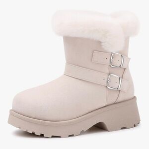 Goldnut Women's Cream Ankle Chunky Platform Boots w/ Faux Fur Trim size 7 NIB